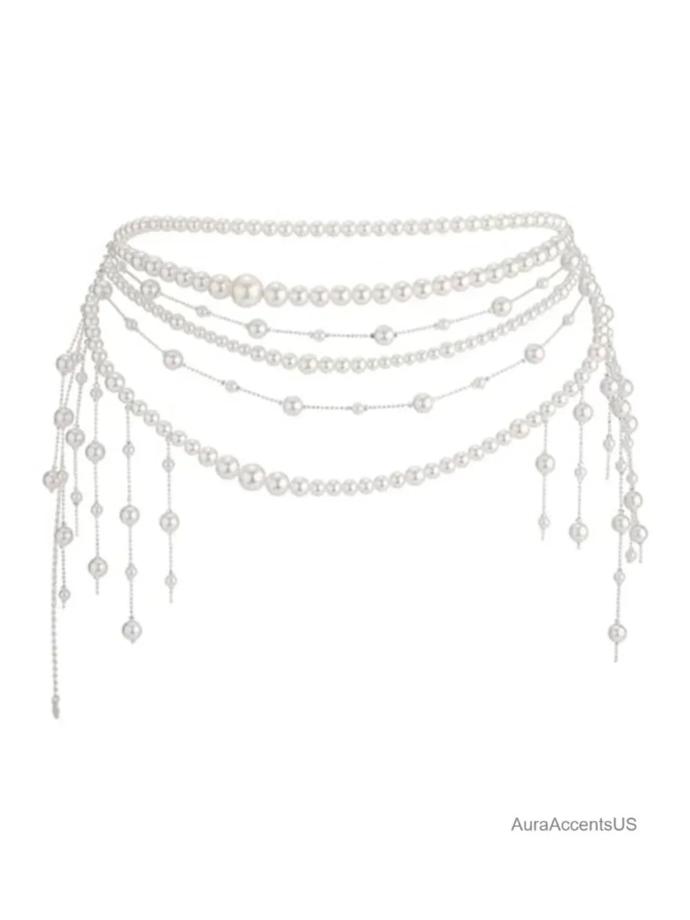 Multilayer Pearl Waist Chain Belt for Women Adjustable Big Pearls Tassel Belly